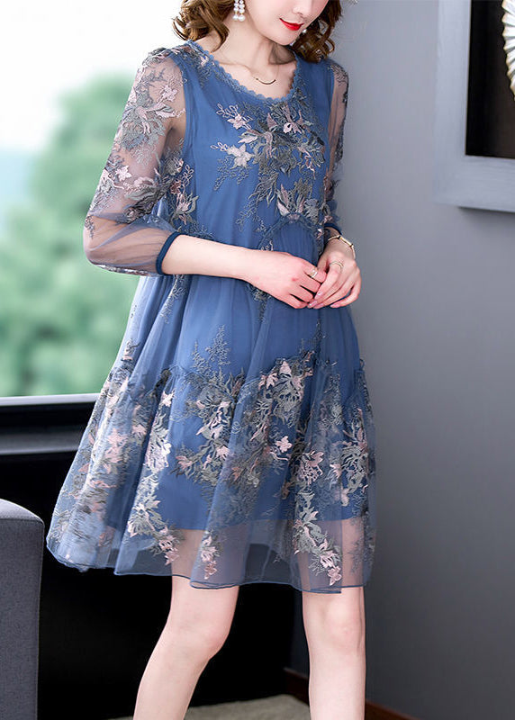 Blue Embroideried Patchwork Ruffled Tulle a Line Dress Summer