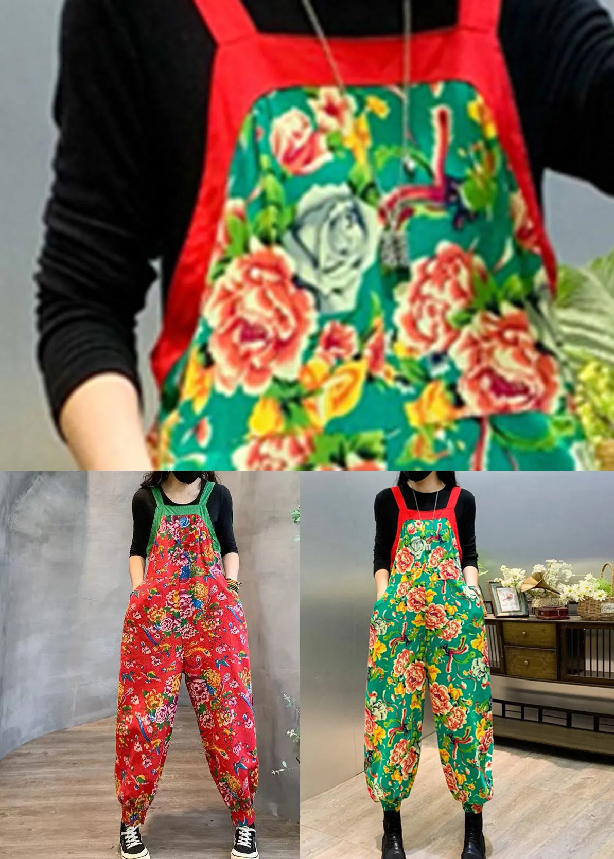 Red High Waist Patchwork Cotton Jumpsuits Pockets Fall