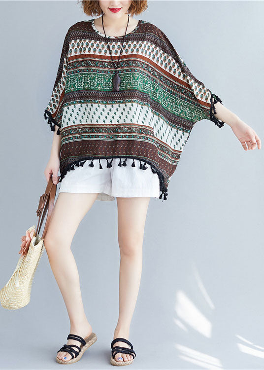 Bat Wing Sleeve O-neck Tasseled Patchwork Fall Blouse Top