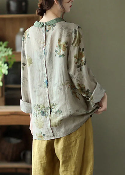 Grey Print Loose Ramie T Shirt Spring
