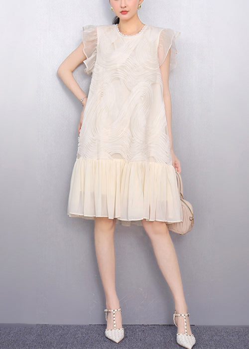Black O Neck Wrinkled Tulle Patchwork Chiffon Dress Summer