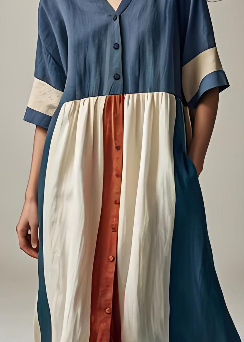 Blue V Neck Button Patchwork Cotton Dresses Summer