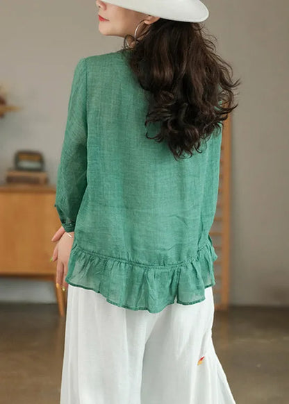 Green Patchwork Ruffles Linen Blouses Long Sleeve