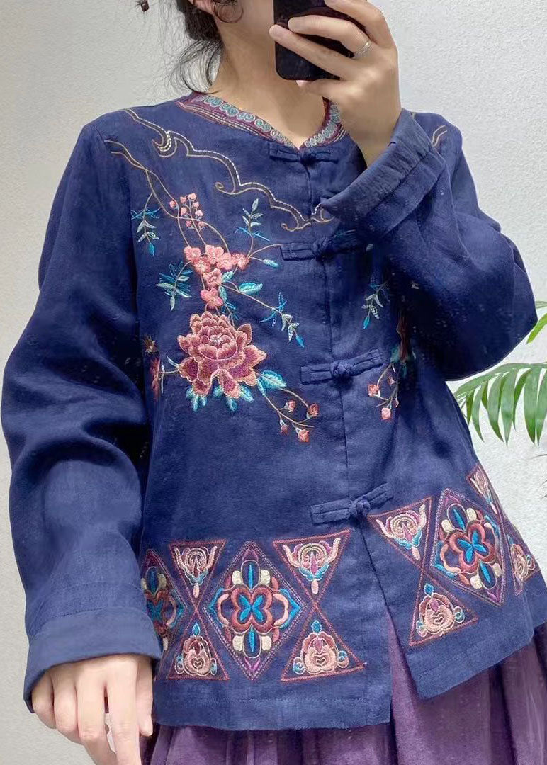 Blue Embroideried Oriental Button Linen Chinese Style Coats Spring