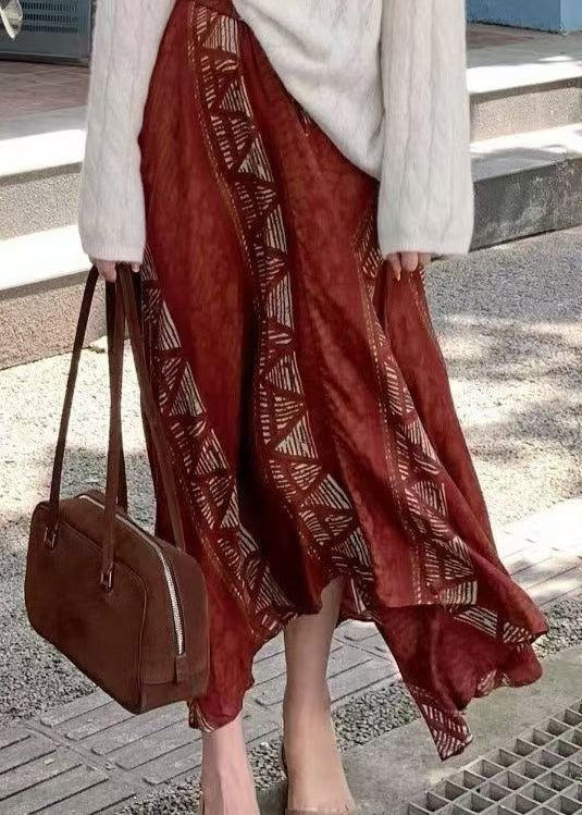 Red Asymmetrical Print Cotton Skirts Fall