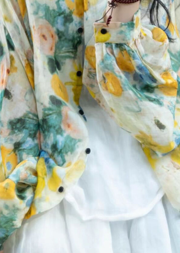 Yellow Print Button Linen Loose Shirts Lantern Sleeve
