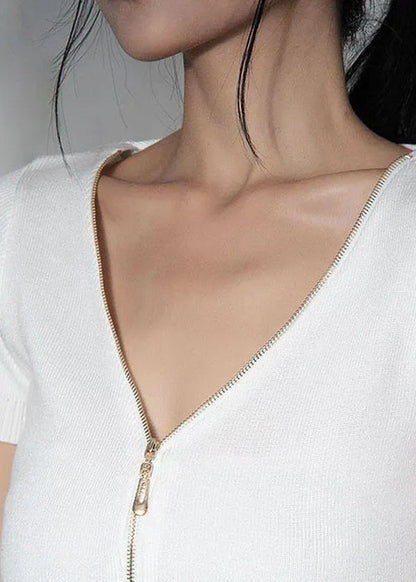 Modern White Zippered V Neck Shirt Tops Summer