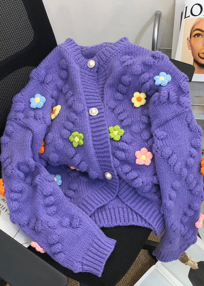 Purple Patchwork Knit Cardigan O Neck Button Fall