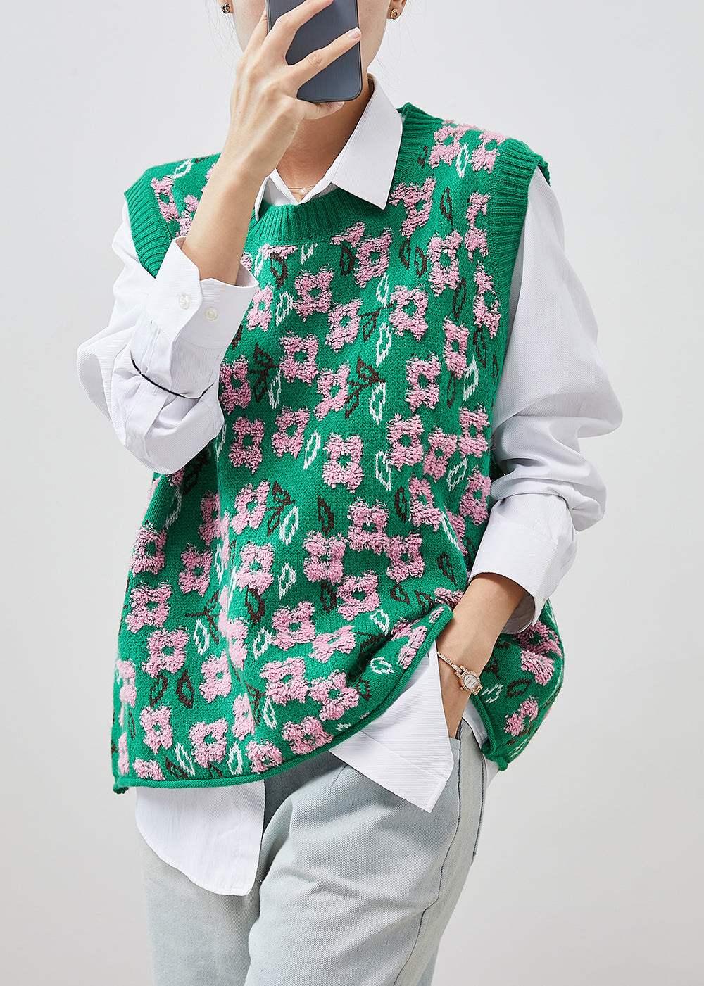 Green Jacquard Chunky Knit Vests Winter