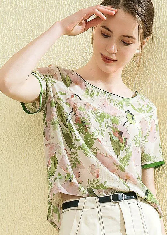 Boutique Green O-neck Print Silk Shirt Tops Summer