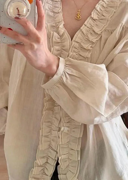 Handmade Beige Ruffled Patchwork Tops Lantern Sleeve