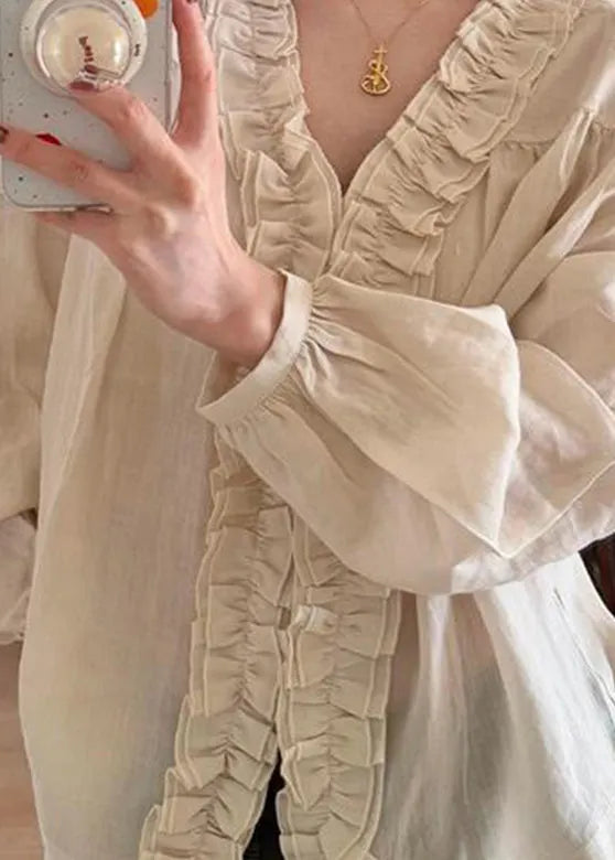 Handmade Beige Ruffled Patchwork Tops Lantern Sleeve