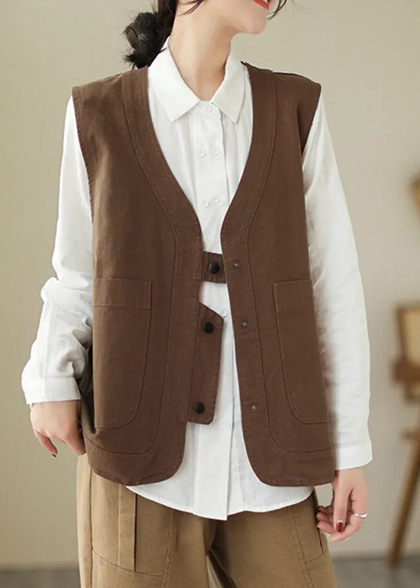 Brown V Neck Pockets Patchwork Cotton Vest Sleeveless