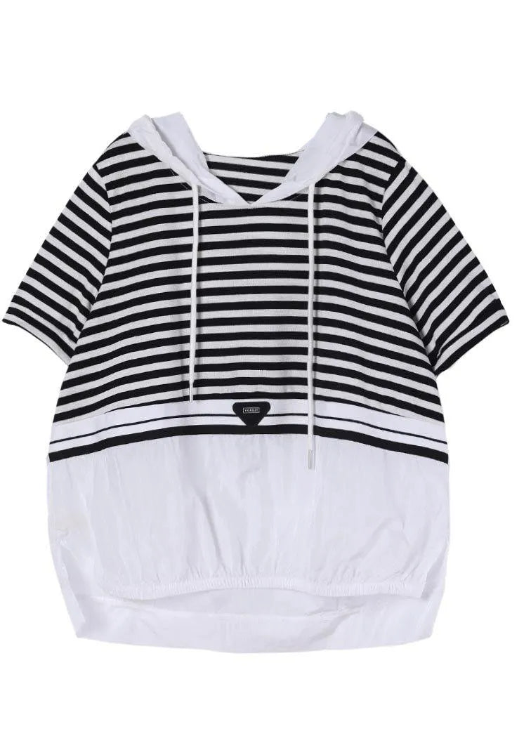 Italian Black Striped Hooded Cotton Top Summer