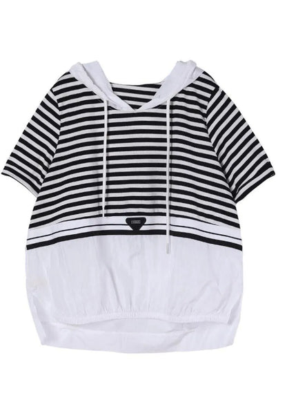Italian Black Striped Hooded Cotton Top Summer
