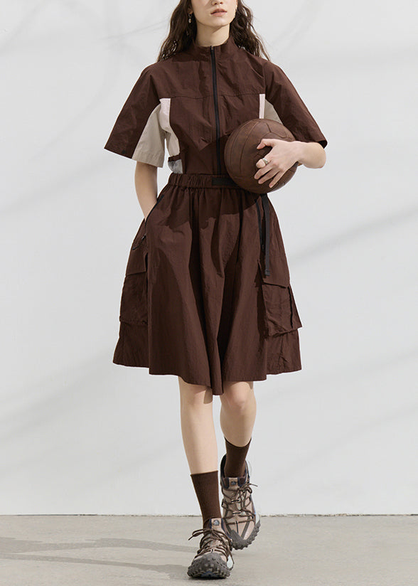 Zip Up Patchwork Tops and Skirts Cotton Two Pieces Set Summer