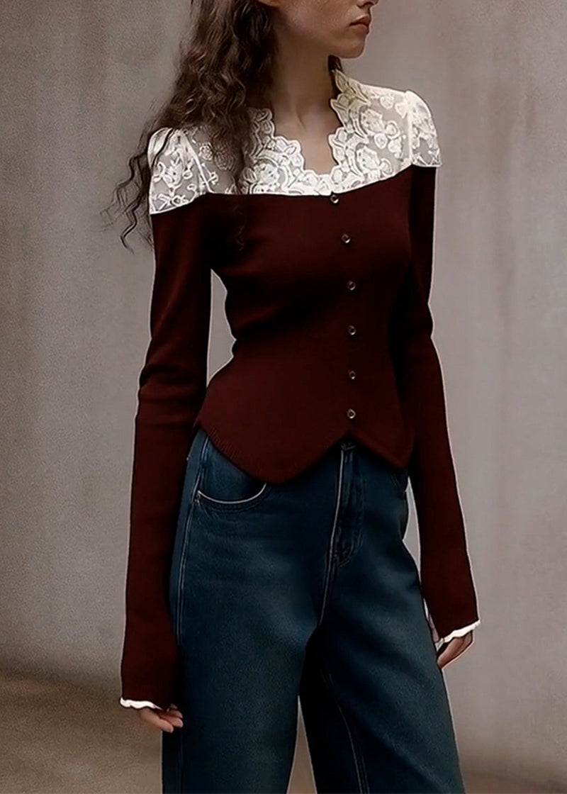 Style Brown V Neck Patchwork Lace Knit Shirts Spring