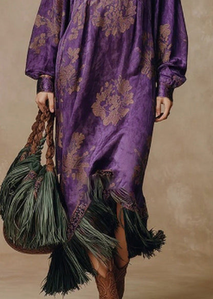Purple Print Tasseled Patchwork Silk Long Dress O Neck Spring