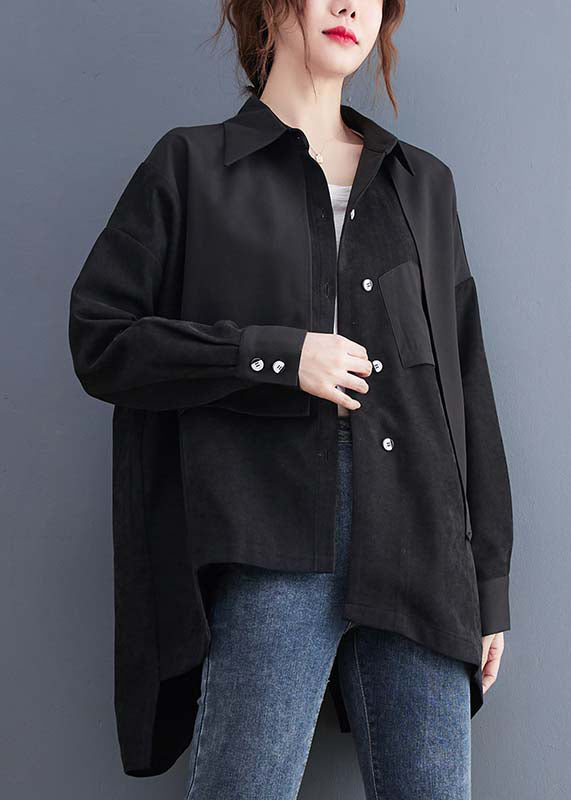Black Asymmetrical Patchwork Cotton Blouses Fall