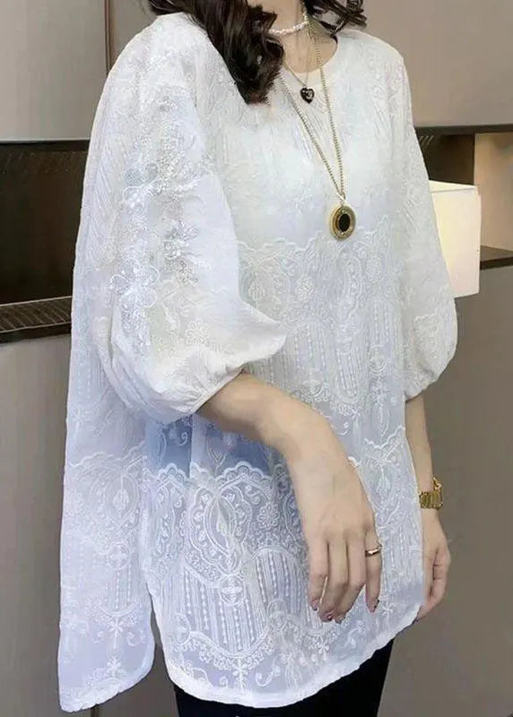 French White O-neck Nail Bead Embroideried Lace Shirt Top Bracelet Sleeve