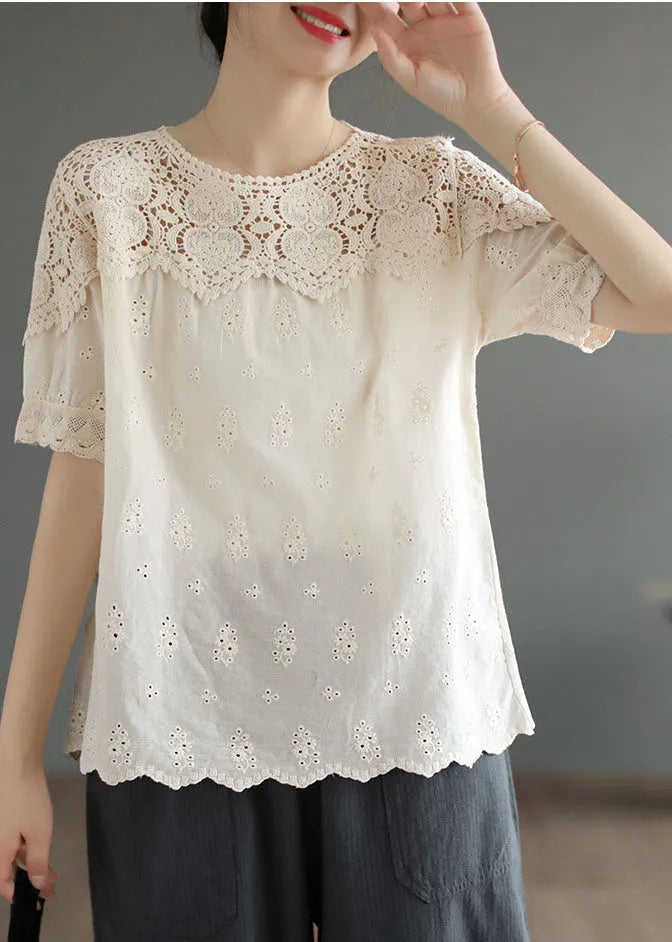 Handmade Beige O-neck Patchwork Lace Cotton Tanks Summer