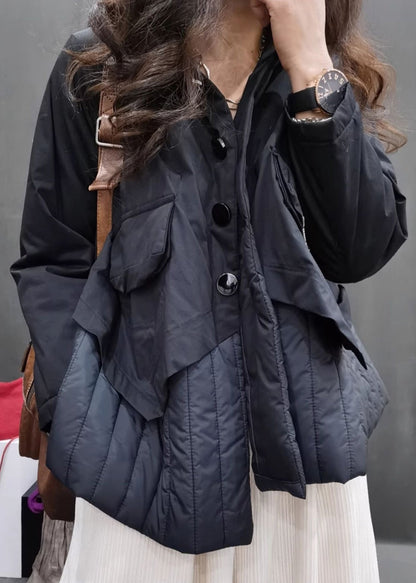 Black Patchwork Fine Cotton Filled Hooded Jacket Long Sleeve