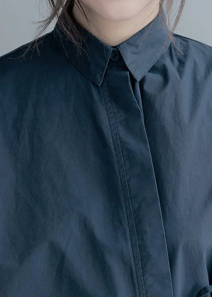 Art Navy Asymmetrical Tie Waist Cotton Shirt Top Half Sleeve