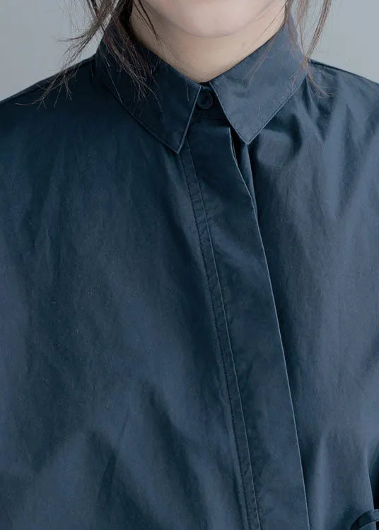 Art Navy Asymmetrical Tie Waist Cotton Shirt Top Half Sleeve