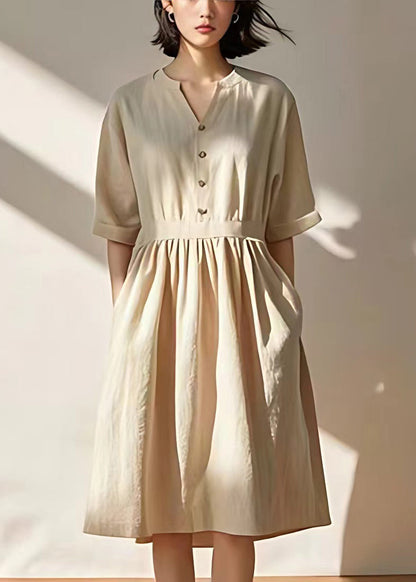 Beige V Neck Pockets Wrinkled Linen Dresses Summer