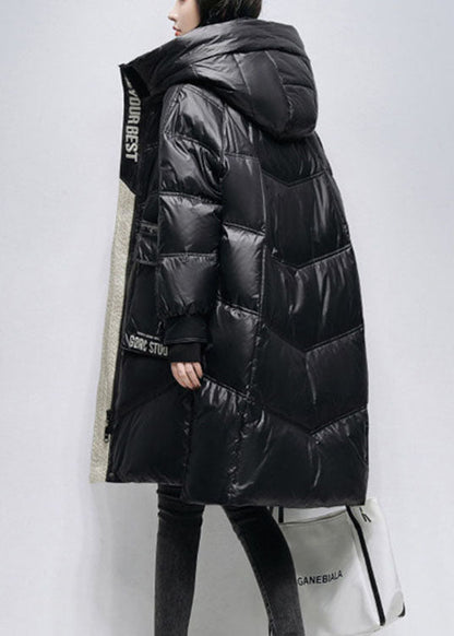 Unique Black Hooded Zippered Low High Design Winter Duck Down Coats