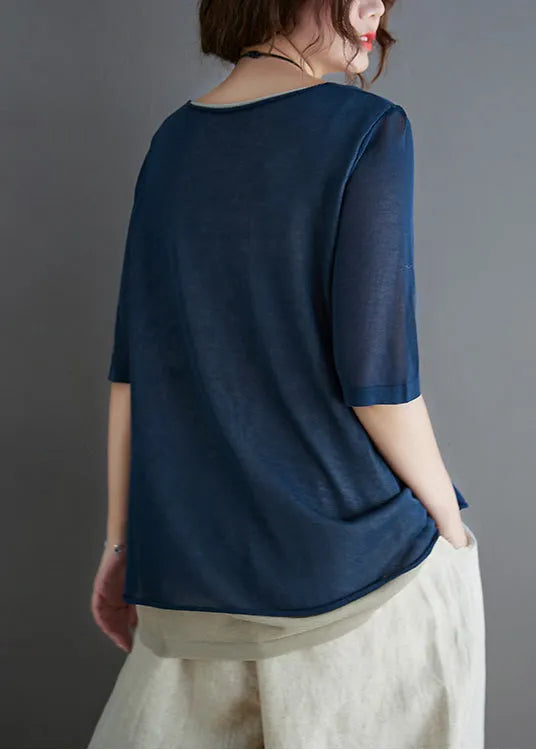 Stylish Navy Patchwork Knit Fake Two Piece Tops Summer