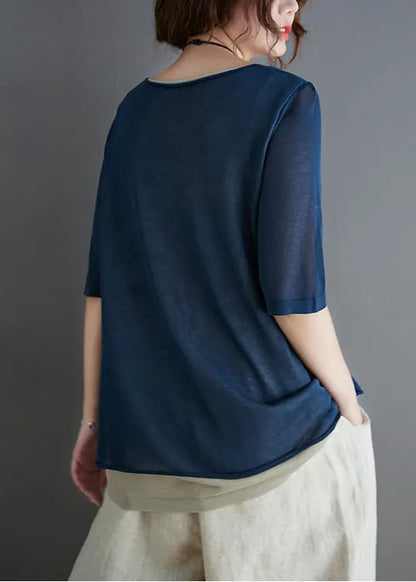 Stylish Navy Patchwork Knit Fake Two Piece Tops Summer