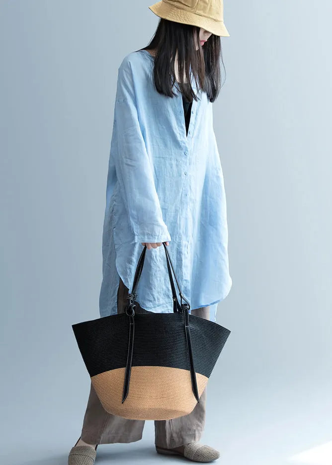 Handmade Blue Asymmetrical Linen Blouses Spring