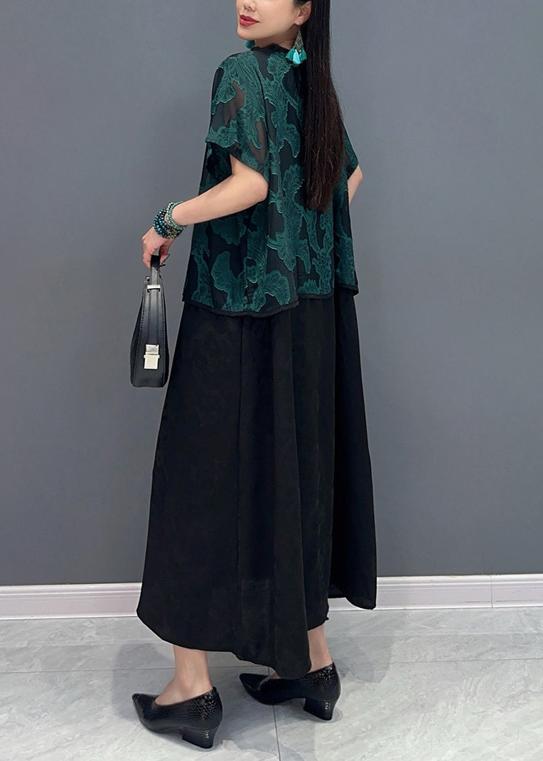 Handmade Green O-neck Print Fake Two Pieces Long Dress Summer