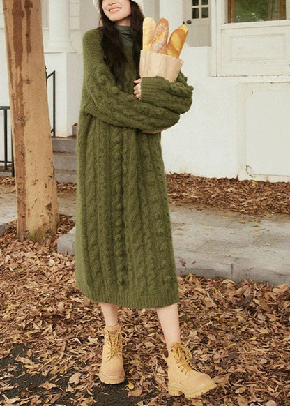 Handmade Green O-neck Side Open Cozy Cotton Knit Cable Sweater Dress Long Sleeve
