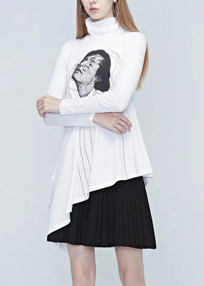 Natural White Turtleneck Belle Print Wrinkled Tops Fall