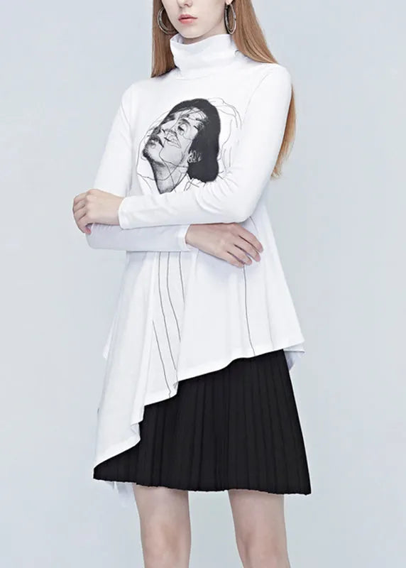 Natural White Turtleneck Belle Print Wrinkled Tops Fall