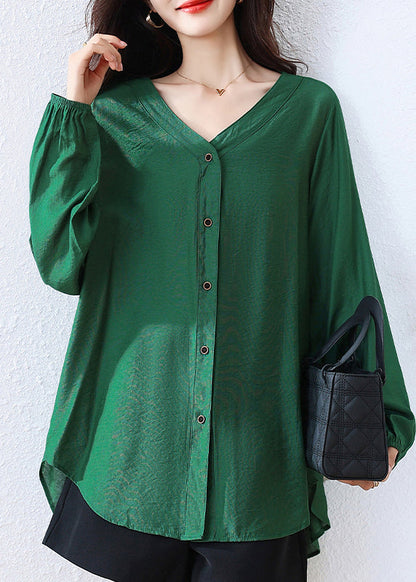 Tea Green Cotton Shirt V Neck Oversized Fall