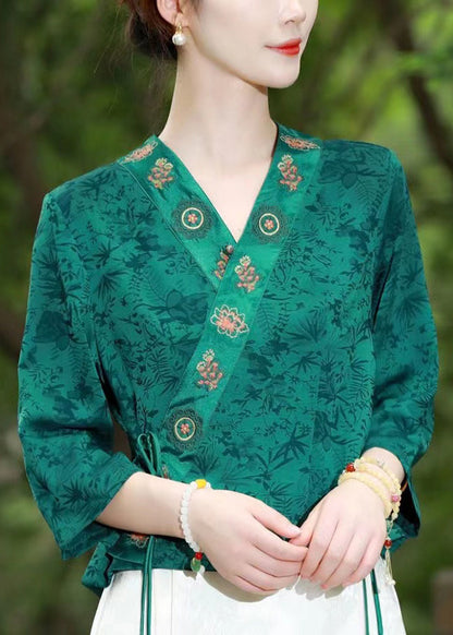 Green Embroideried Lace Up Patchwork Silk Top Summer