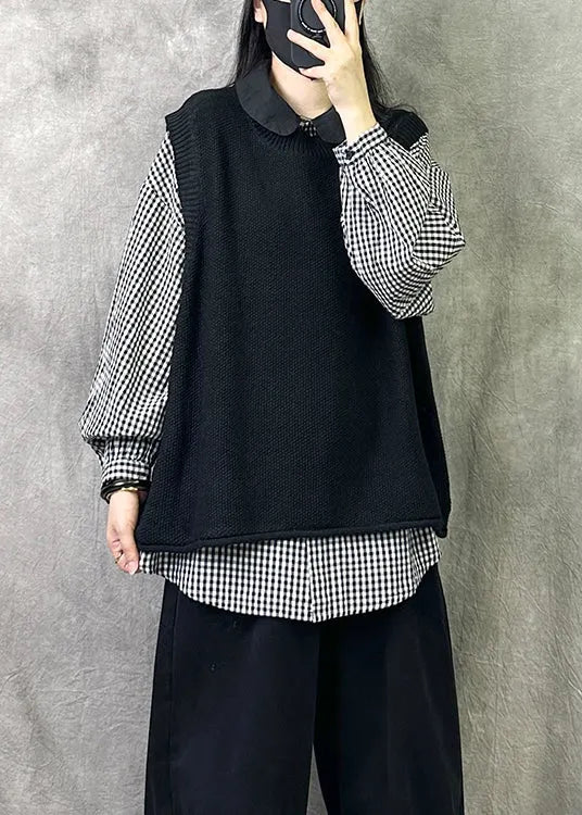 Cozy Black O Neck Knit Vest Tops Sleeveless