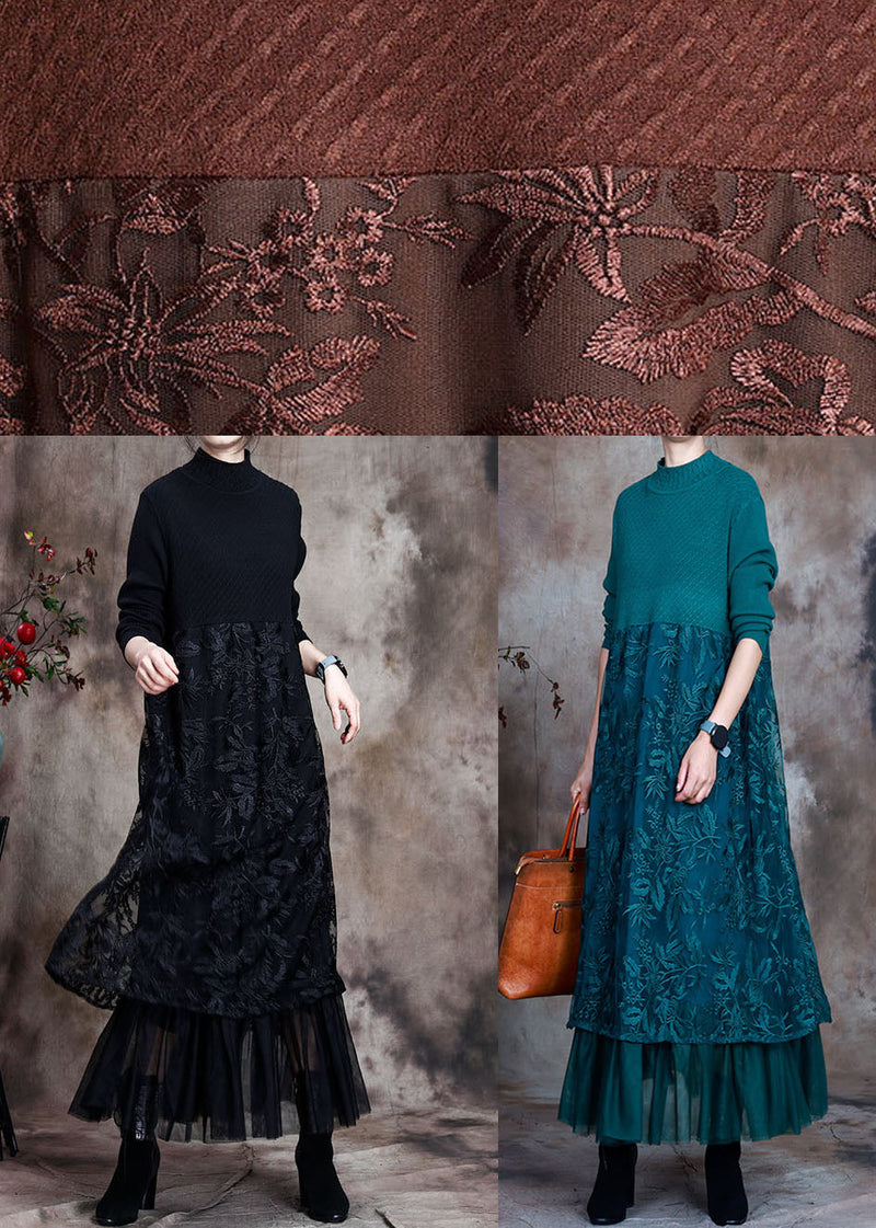 Black Knit Patchwork Asymmetrical Design Fall Knit Dress