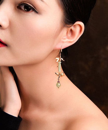 Green Jade Bamboo 14k Gold Tassel Drop Earrings