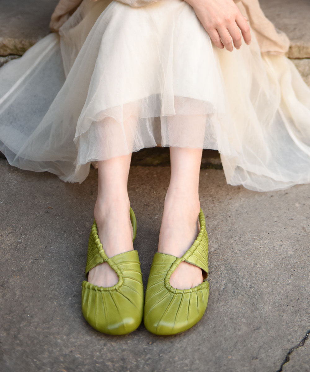 Hollow Out Splicing Chunky Flat Sandals Green Cowhide Leather