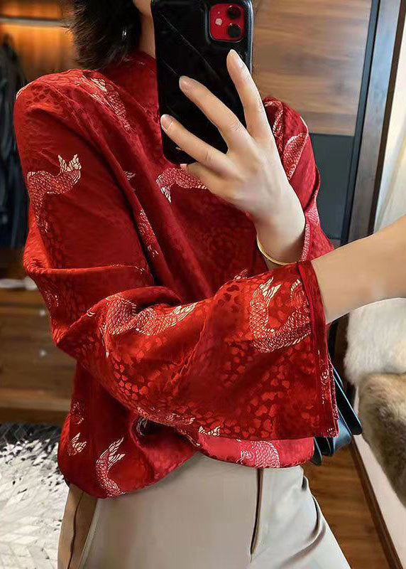 French Red Stand Collar Button Print Chiffon Blouse Tops Spring