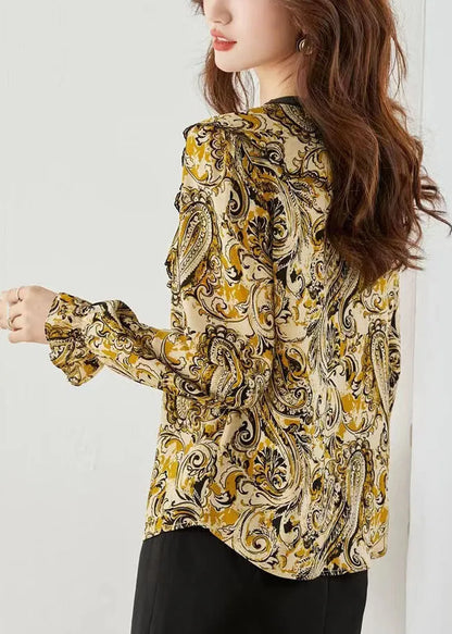 Yellow Print Chiffon Blouse Tops V Neck Lantern Sleeve