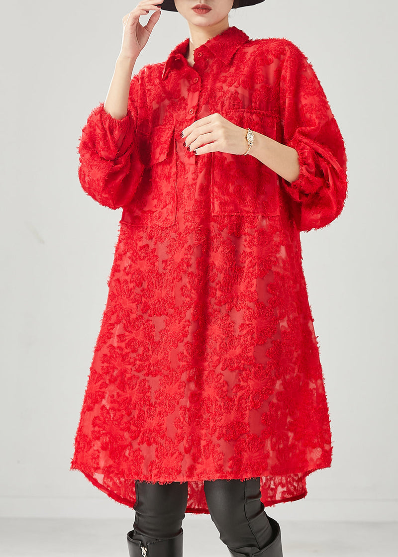 Red Cotton Shirt Dresses Oversized Pockets Spring