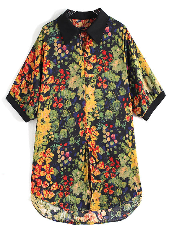 Peter Pan Collar Print Button Low High Design Shirts Short Sleeve