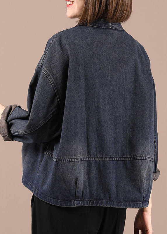 Blue Loose Pockets Button Fall Coat Long Sleeve