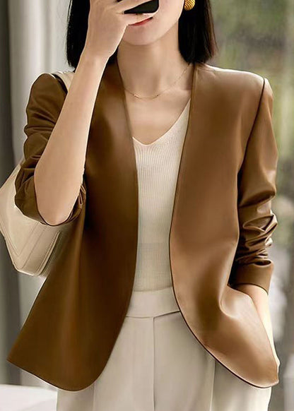 Brown V Neck Patchwork Sheepskin Coats Fall