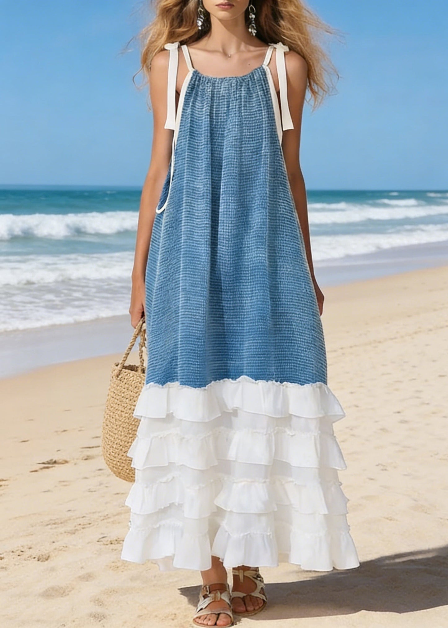 Blue Lace Up Ruffled Patchwork Cotton Spaghetti Strap Dress Sleeveless